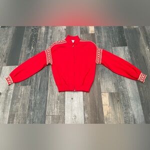 St John Collection Marie Gray RED Cardigan Sweater Gold Metallic Chain Small